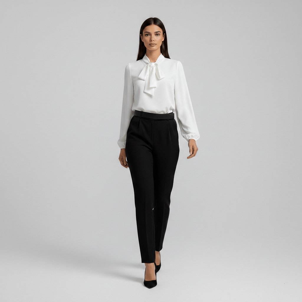 Elegant Blouse for Women with Tie Neck Long Sleeve Balloon Cuff Silky Style