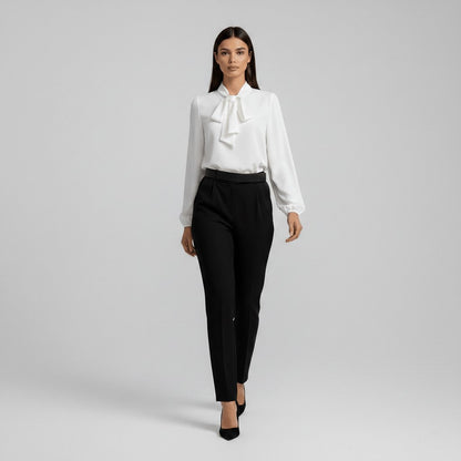 Elegant Blouse for Women with Tie Neck Long Sleeve Balloon Cuff Silky Style