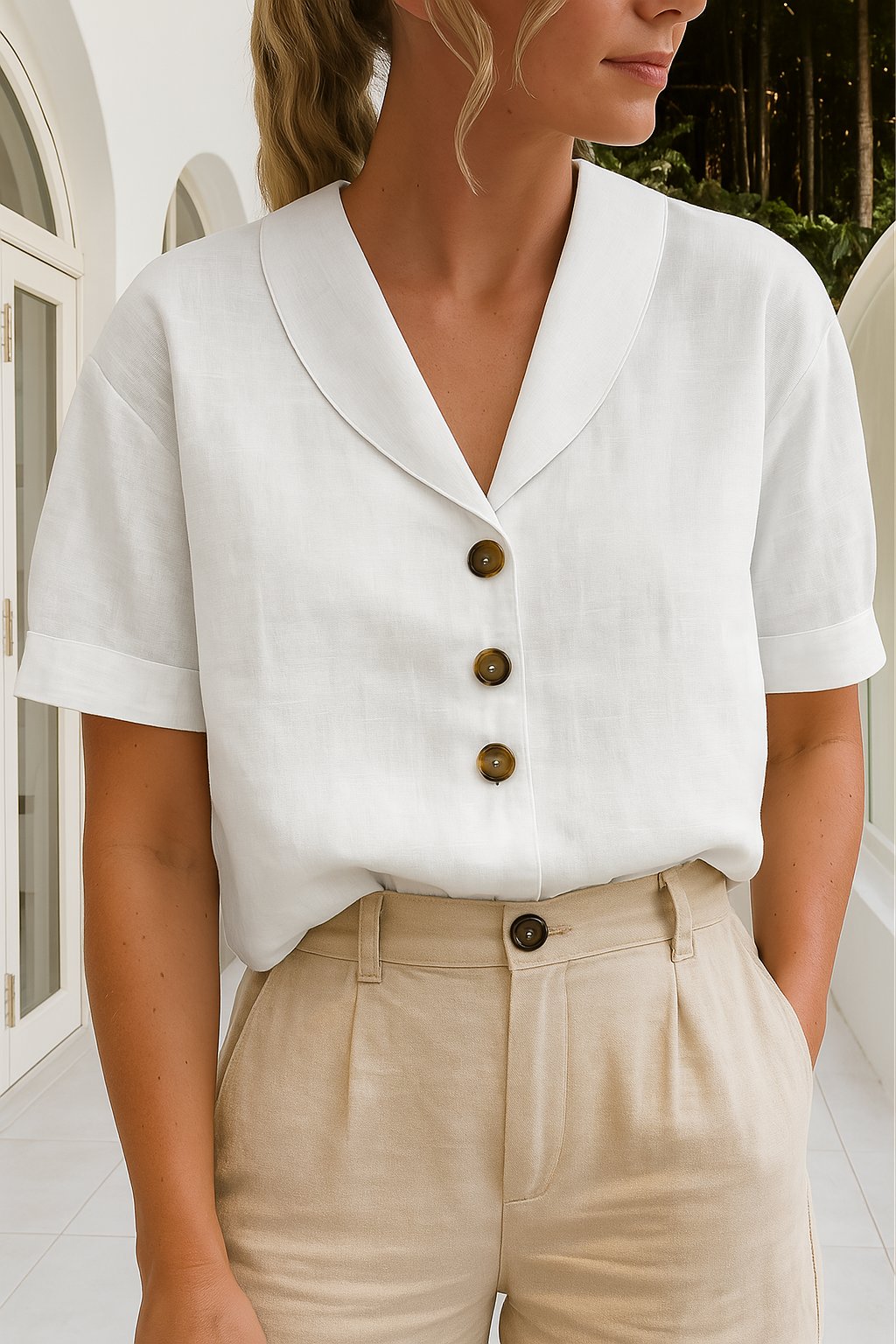 Effortless Linen Blouse for Women with V Neck Short Sleeve Button Front Relaxed Style