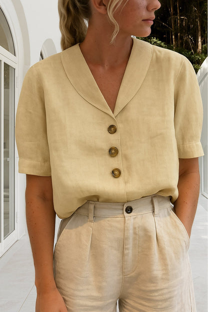 Effortless Linen Blouse for Women with V Neck Short Sleeve Button Front Relaxed Style