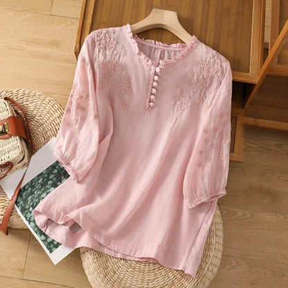 Effortless Embroidered Linen Blouse for Women with Ruffled V Neck Elbow Sleeve Button Front Relaxed Style