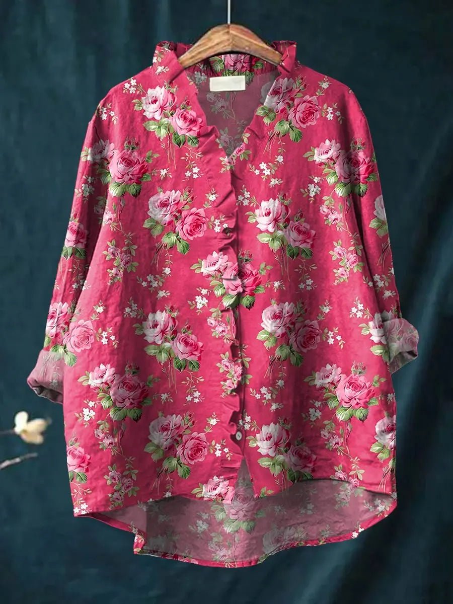 Effortless Red Floral Blouse for Women with V Neck Long Sleeve Ruffle Trim High Low Casual Style