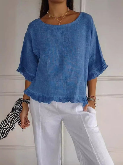 Effortless Linen Blouse for Women with Scoop Neck Elbow Sleeve Ruffle Hem Relaxed Style