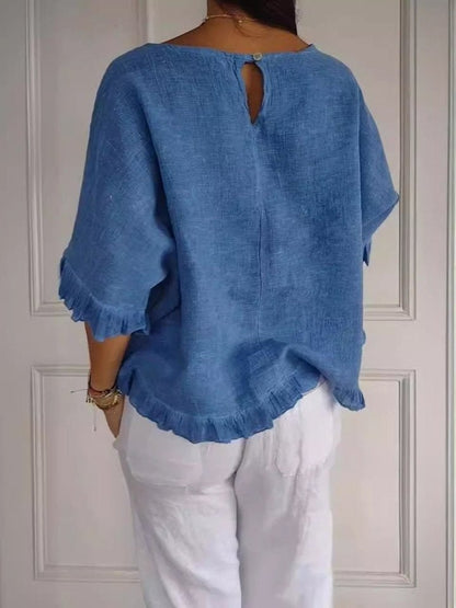 Effortless Linen Blouse for Women with Scoop Neck Elbow Sleeve Ruffle Hem Relaxed Style