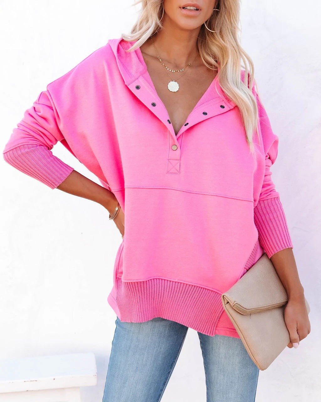 Effortless Oversized Hoodie for Women with Snap Button Long Sleeve Ribbed Cuff Casual Style