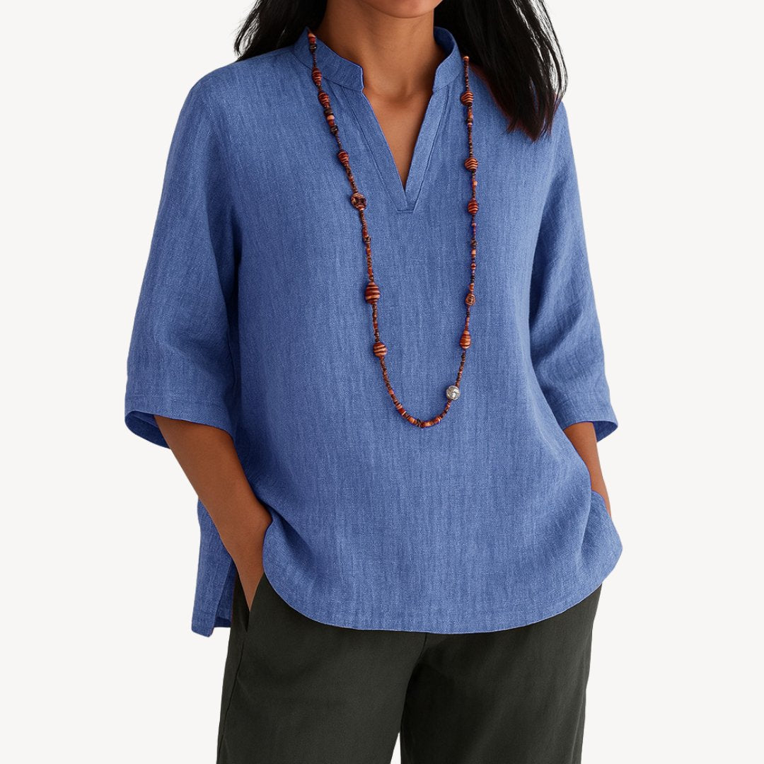 Effortless Linen Tunic for Women with Mandarin Collar Elbow Sleeve Relaxed Side Slit Style