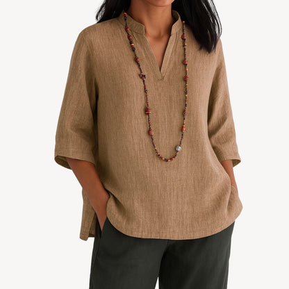 Effortless Linen Tunic for Women with Mandarin Collar Elbow Sleeve Relaxed Side Slit Style