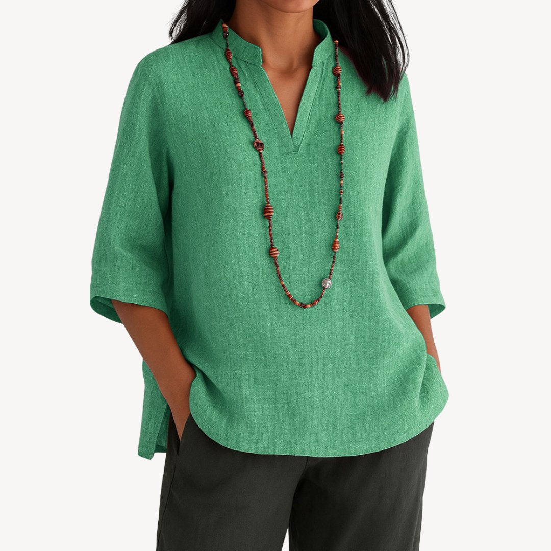 Effortless Linen Tunic for Women with Mandarin Collar Elbow Sleeve Relaxed Side Slit Style