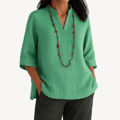 Effortless Linen Tunic for Women with Mandarin Collar Elbow Sleeve Relaxed Side Slit Style