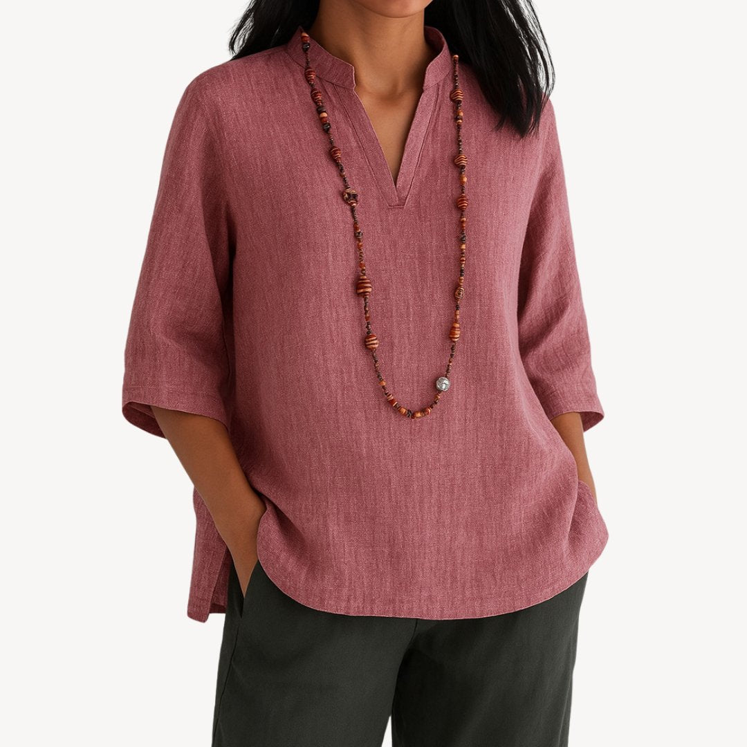 Effortless Linen Tunic for Women with Mandarin Collar Elbow Sleeve Relaxed Side Slit Style