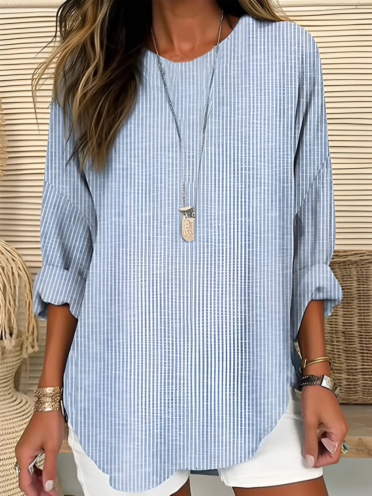 Effortless Striped Tunic Top for Women with Round Neck Bell Sleeve Curved Hem Relaxed Style