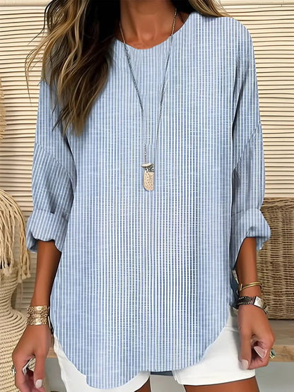 Effortless Striped Tunic Top for Women with Round Neck Bell Sleeve Curved Hem Relaxed Style