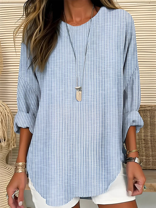 Effortless Striped Tunic Top for Women with Round Neck Bell Sleeve Curved Hem Relaxed Style