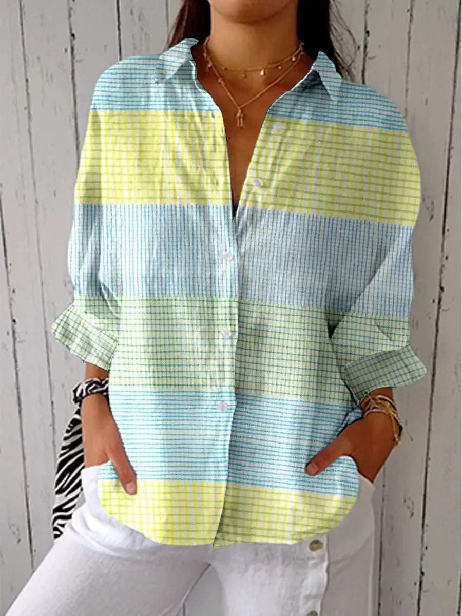Effortless Multicolor Plaid Blouse for Women with Collar Long Sleeve Button Front Relaxed Style