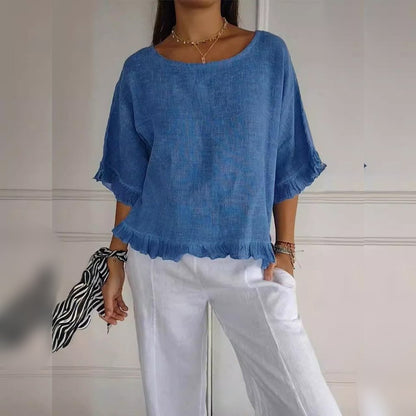 Effortless Linen Blouse for Women with Round Neck Elbow Sleeve Ruffle Hem Relaxed Style