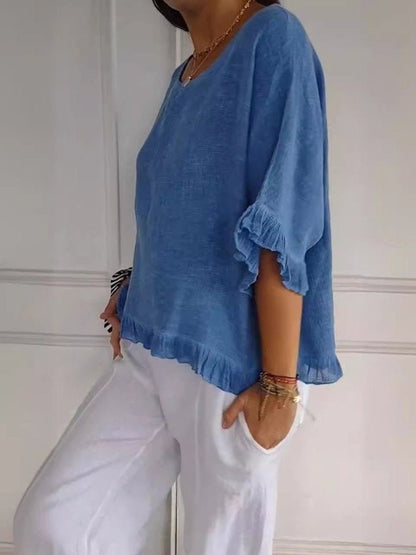 Effortless Linen Blouse for Women with Round Neck Elbow Sleeve Ruffle Hem Relaxed Style