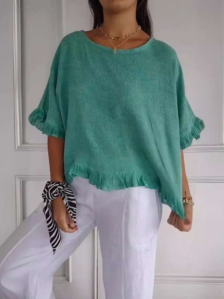 Effortless Linen Blouse for Women with Round Neck Elbow Sleeve Ruffle Hem Relaxed Style