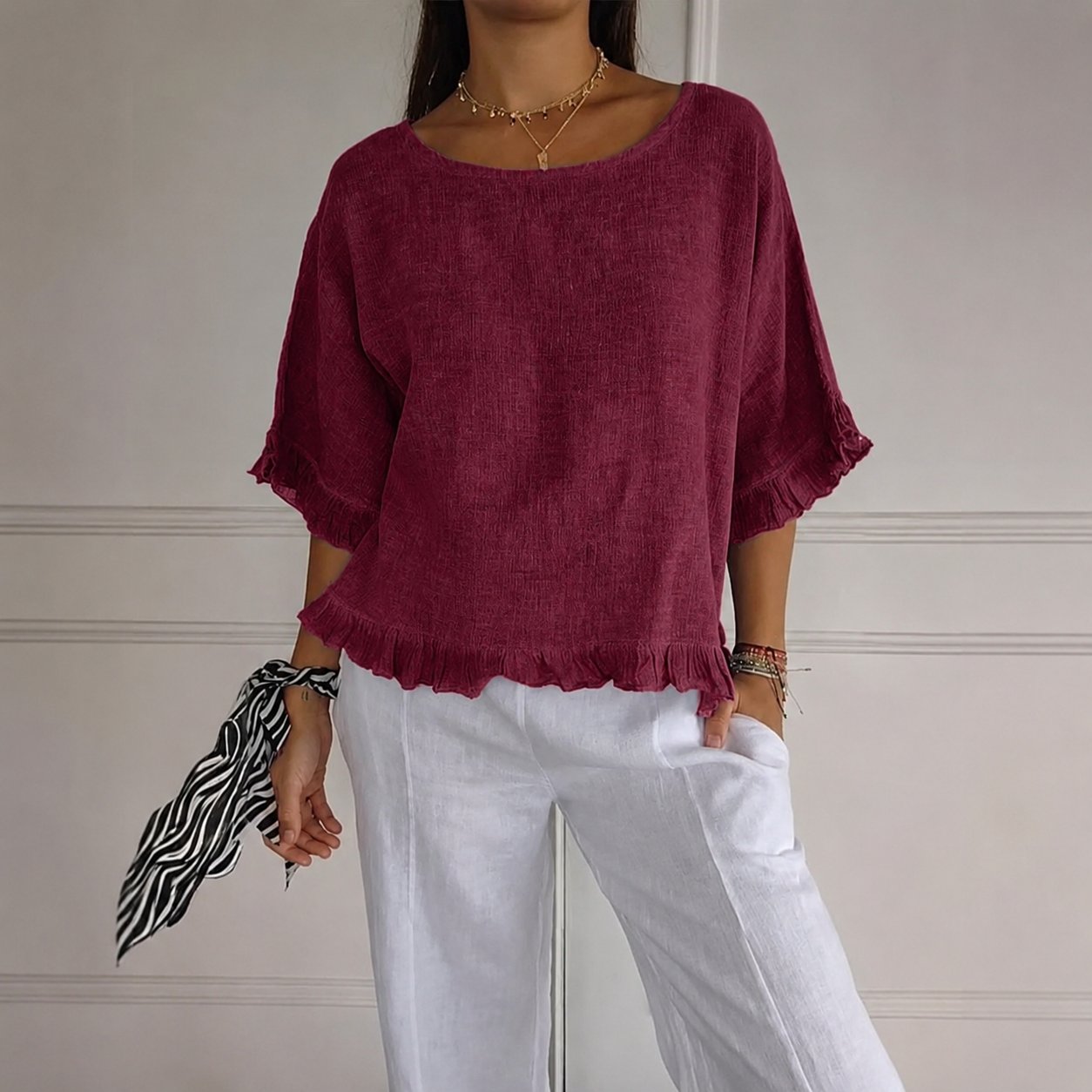 Effortless Linen Blouse for Women with Round Neck Elbow Sleeve Ruffle Hem Relaxed Style