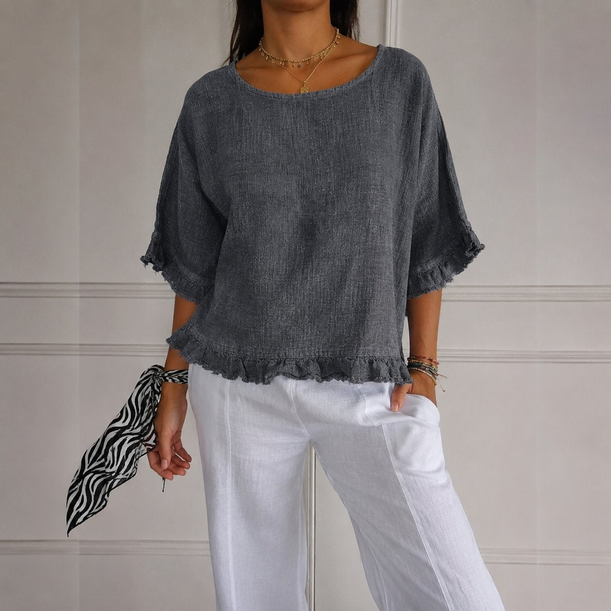 Effortless Linen Blouse for Women with Round Neck Elbow Sleeve Ruffle Hem Relaxed Style