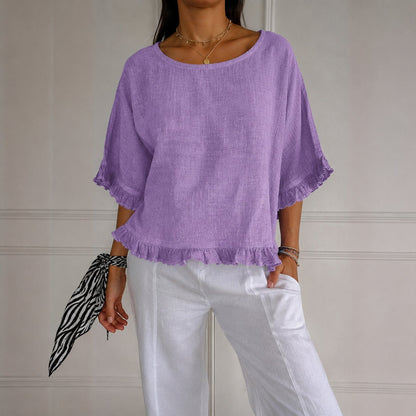 Effortless Linen Blouse for Women with Round Neck Elbow Sleeve Ruffle Hem Relaxed Style