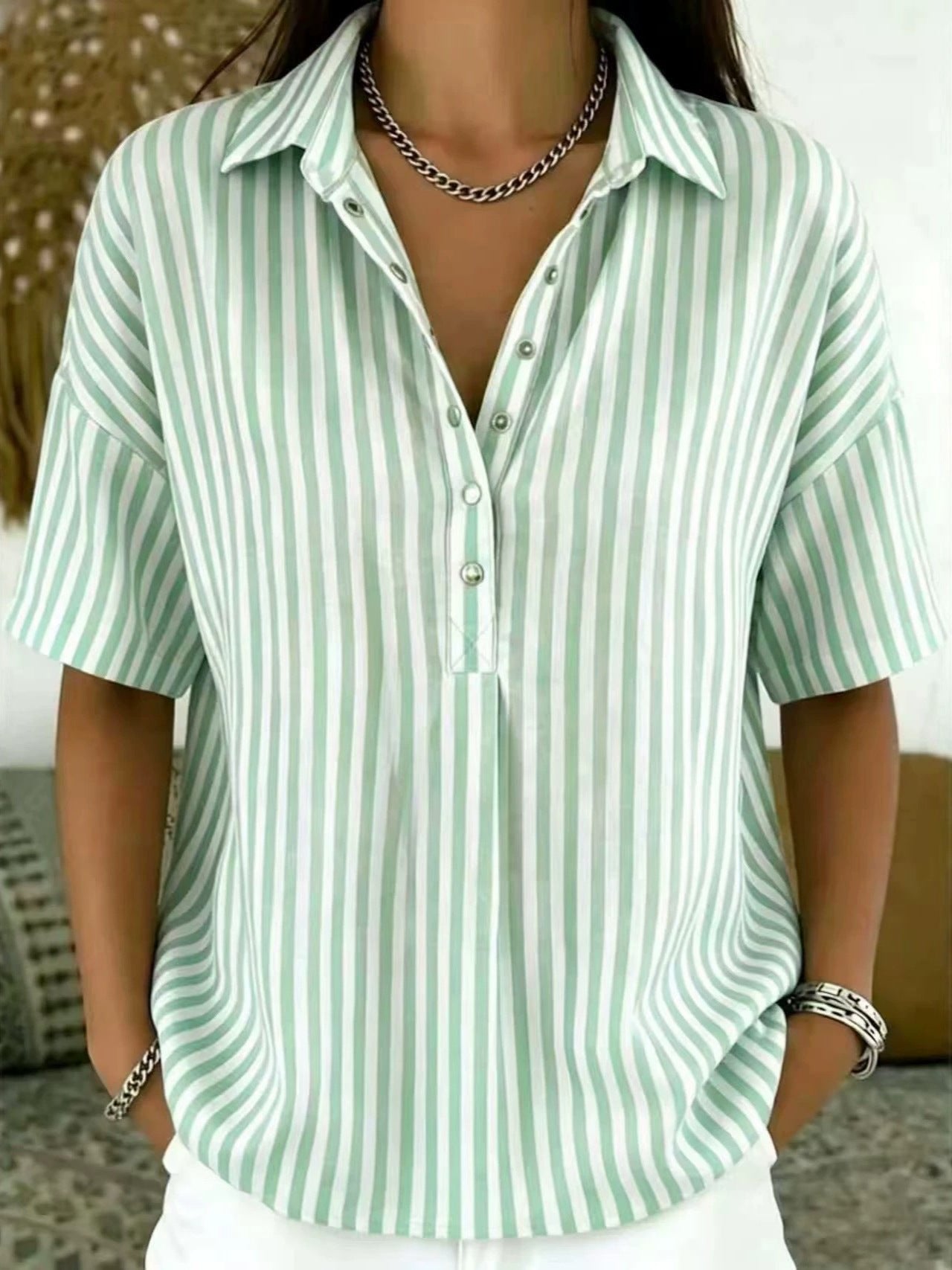 Effortless Striped Blouse for Women with Collar Short Sleeve Button Front Relaxed Style