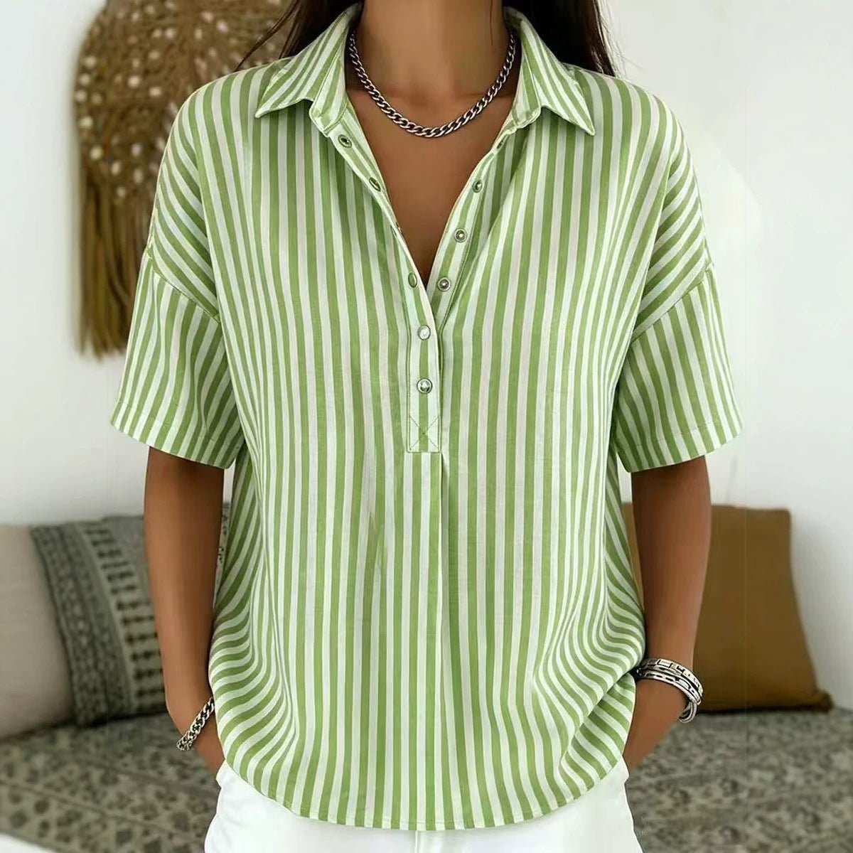 Effortless Striped Blouse for Women with Collar Short Sleeve Button Front Relaxed Style