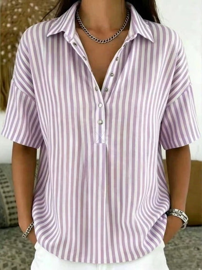 Effortless Striped Blouse for Women with Collar Short Sleeve Button Front Relaxed Style