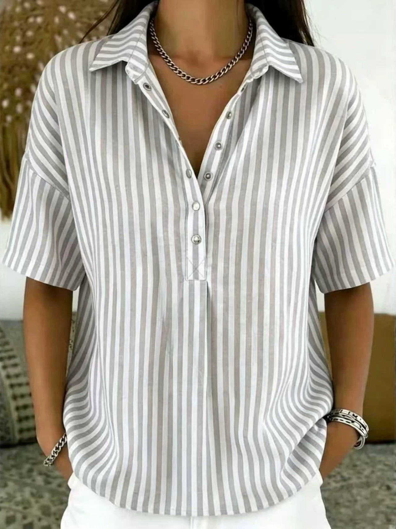 Effortless Striped Blouse for Women with Collar Short Sleeve Button Front Relaxed Style