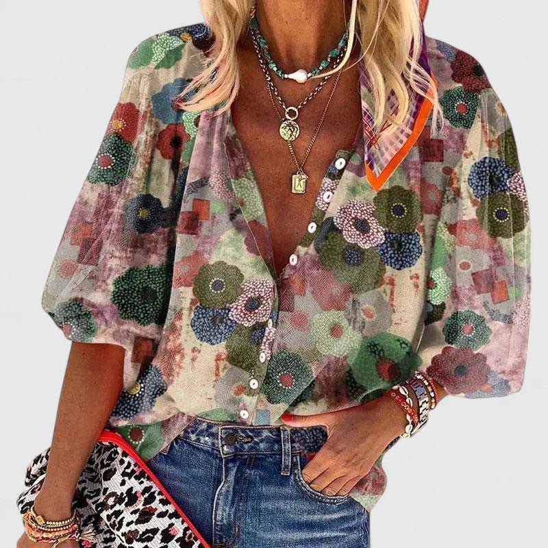 Effortless Green Floral Blouse for Women with V Neck Button Front Balloon Sleeve Bohemian Style