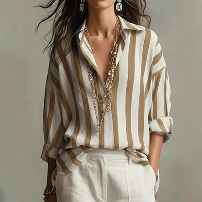 Effortless Striped Blouse for Women with Collar Long Sleeve Relaxed Oversized Boho Style