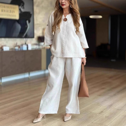 Effortless Linen Wide Leg Set for Women with V Neck Elbow Sleeve Button Front Relaxed Two Piece Style