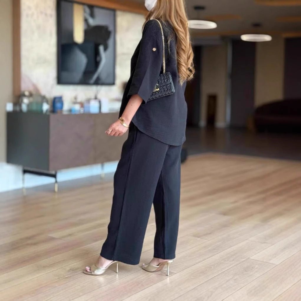 Effortless Linen Wide Leg Set for Women with V Neck Elbow Sleeve Button Front Relaxed Two Piece Style