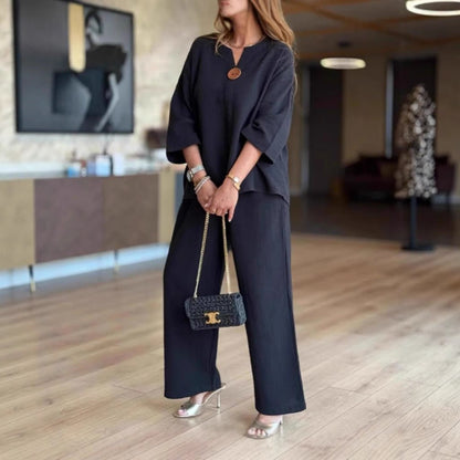 Effortless Linen Wide Leg Set for Women with V Neck Elbow Sleeve Button Front Relaxed Two Piece Style
