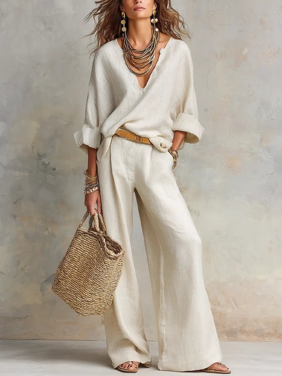 Effortless Linen Wide Leg Set for Women with V Neck Long Sleeve Relaxed Two Piece Bohemian Style