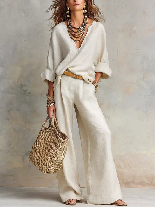 Effortless Linen Wide Leg Set for Women with V Neck Long Sleeve Relaxed Two Piece Bohemian Style