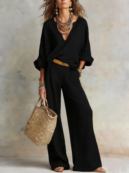 Effortless Linen Wide Leg Set for Women with V Neck Long Sleeve Relaxed Two Piece Bohemian Style
