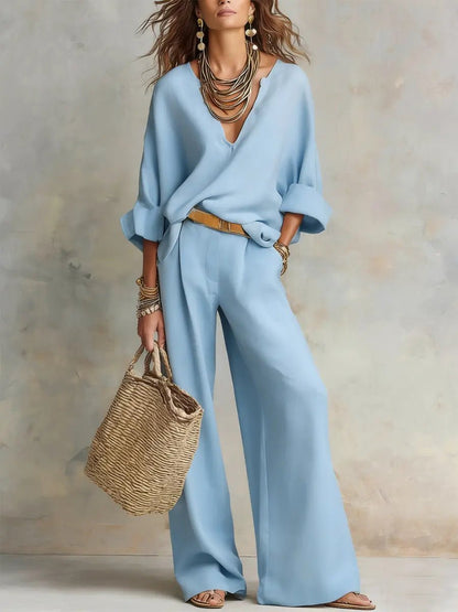 Effortless Linen Wide Leg Set for Women with V Neck Long Sleeve Relaxed Two Piece Bohemian Style