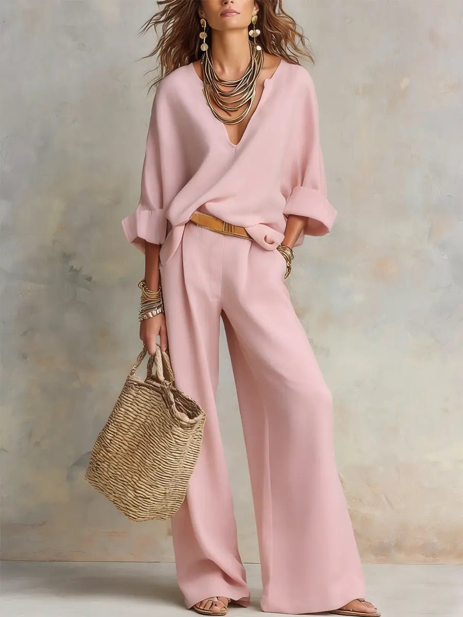 Effortless Linen Wide Leg Set for Women with V Neck Long Sleeve Relaxed Two Piece Bohemian Style