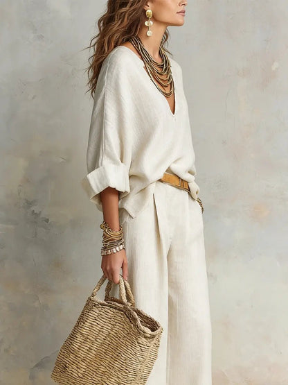 Effortless Linen Wide Leg Set for Women with V Neck Long Sleeve Relaxed Two Piece Bohemian Style