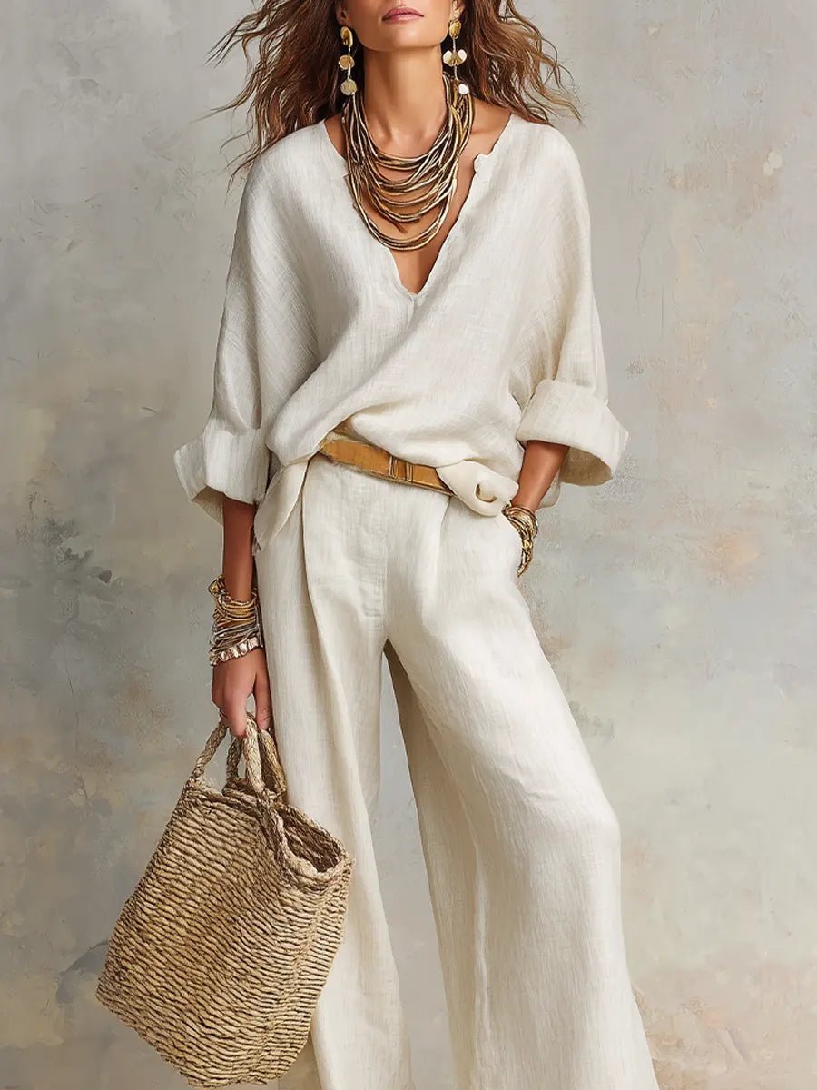 Effortless Linen Wide Leg Set for Women with V Neck Long Sleeve Relaxed Two Piece Bohemian Style