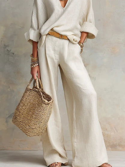 Effortless Linen Wide Leg Set for Women with V Neck Long Sleeve Relaxed Two Piece Bohemian Style