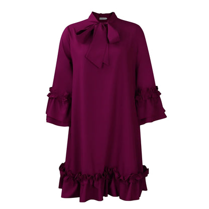 Elegant Ruffle Mini Dress for Women with Tie Neck Bell Sleeve Tiered Hem Flowing Style