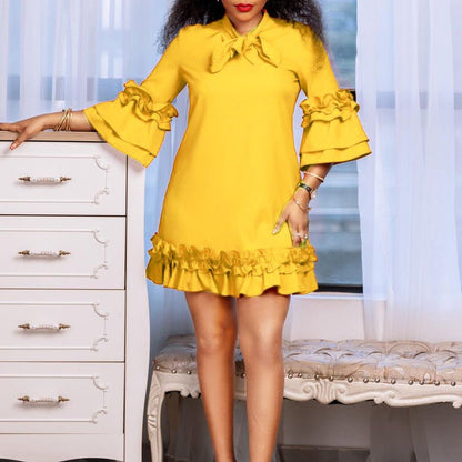 Elegant Ruffle Mini Dress for Women with Tie Neck Bell Sleeve Tiered Hem Flowing Style