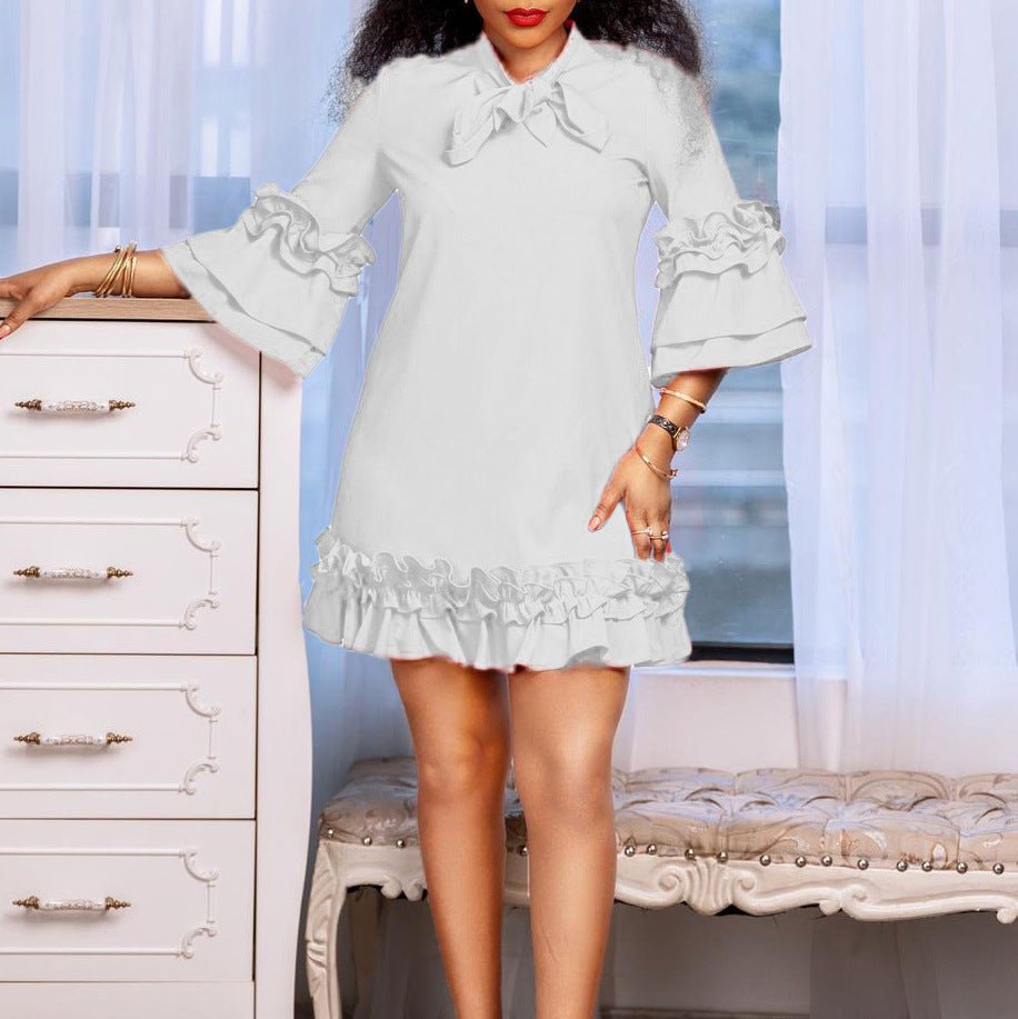 Elegant Ruffle Mini Dress for Women with Tie Neck Bell Sleeve Tiered Hem Flowing Style