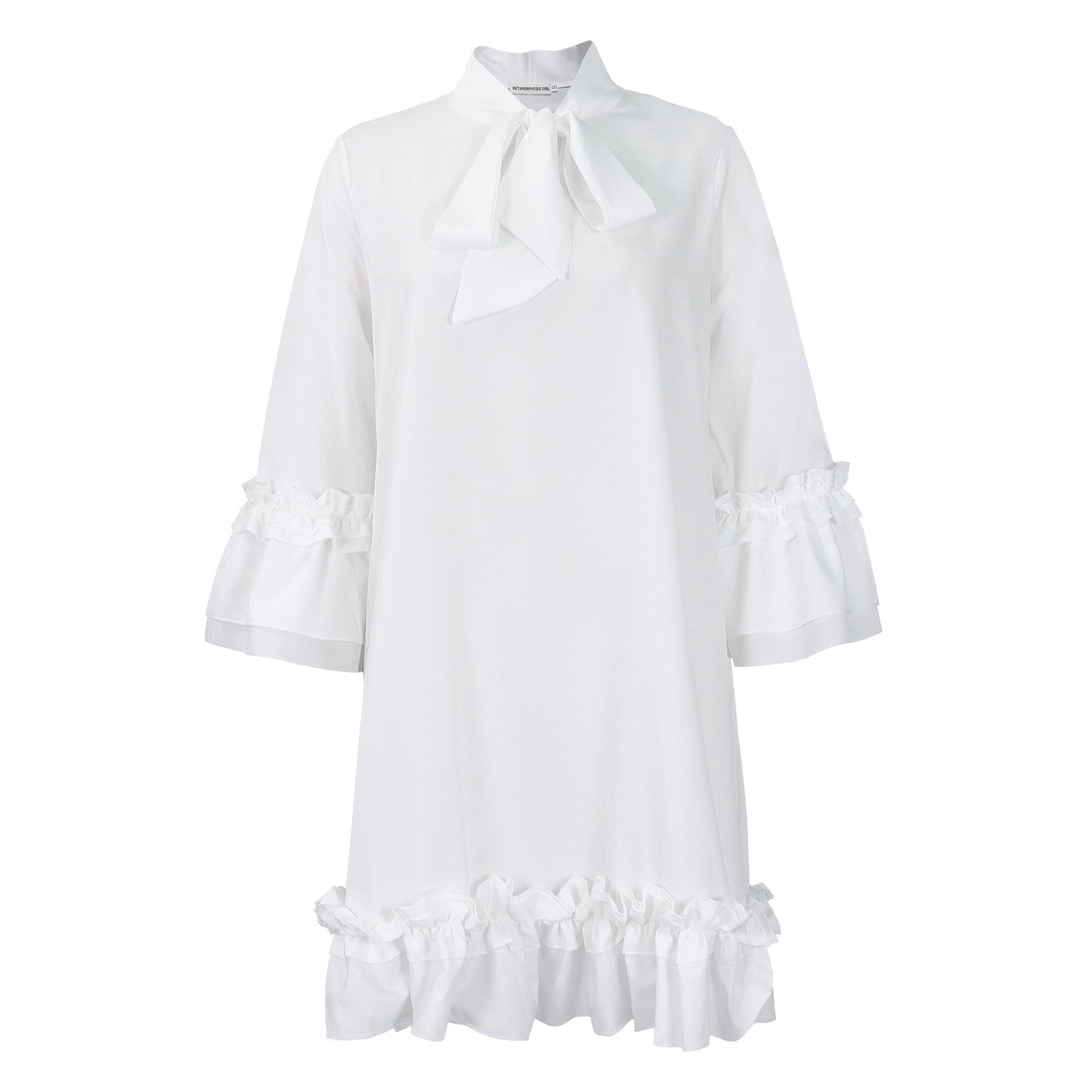 Elegant Ruffle Mini Dress for Women with Tie Neck Bell Sleeve Tiered Hem Flowing Style