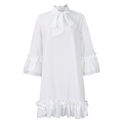 Elegant Ruffle Mini Dress for Women with Tie Neck Bell Sleeve Tiered Hem Flowing Style