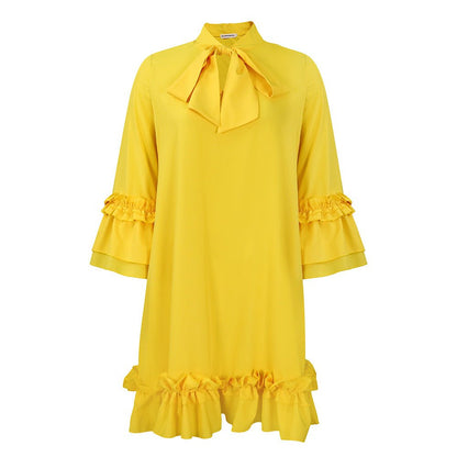 Elegant Ruffle Mini Dress for Women with Tie Neck Bell Sleeve Tiered Hem Flowing Style