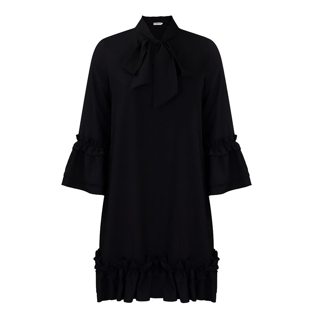 Elegant Ruffle Mini Dress for Women with Tie Neck Bell Sleeve Tiered Hem Flowing Style