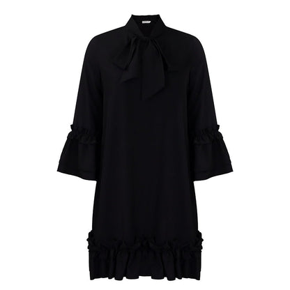 Elegant Ruffle Mini Dress for Women with Tie Neck Bell Sleeve Tiered Hem Flowing Style