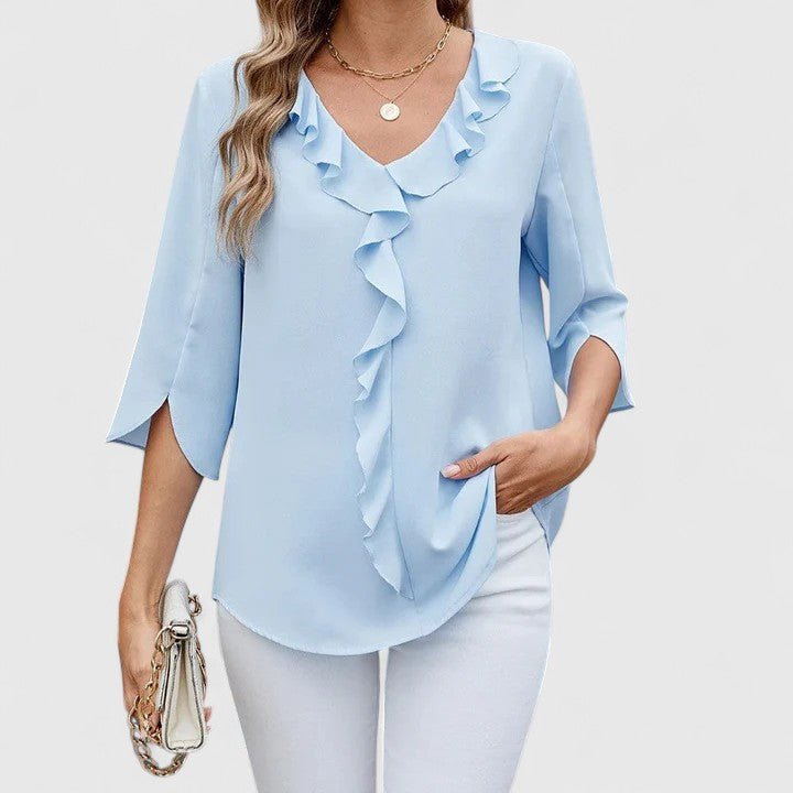 Effortless Ruffle Trim Blouse for Women with V Neck Split Sleeve Relaxed Flowing Style